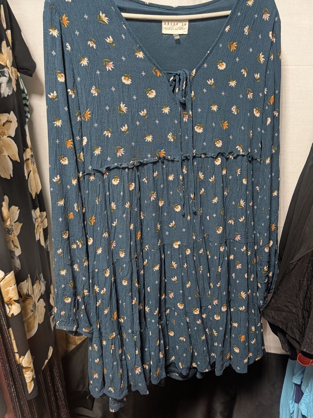 Blue Floral Tiered Mini Dress Long Sleeve